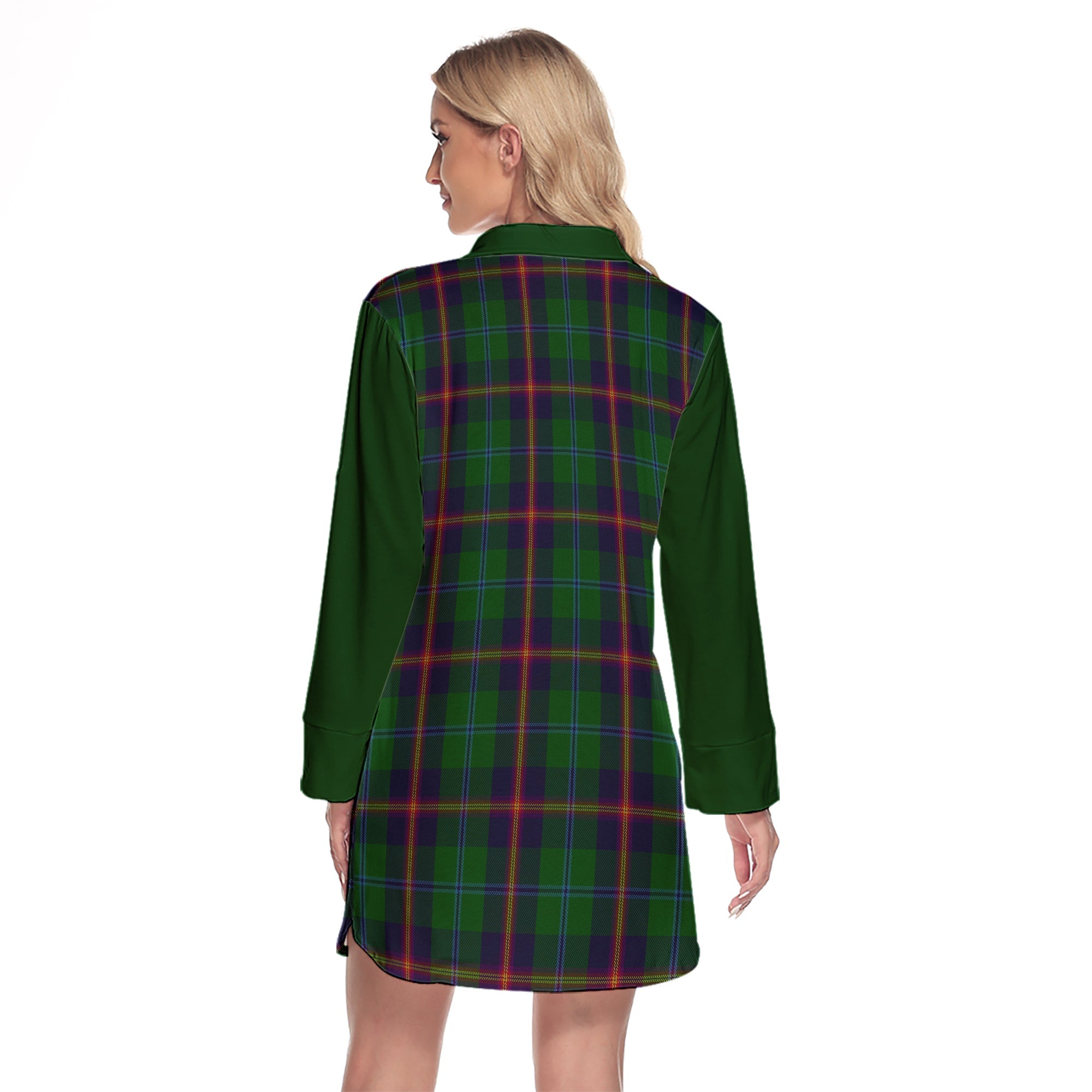 Young Tartan Women's Lapel Shirt Dress With Long Sleeve