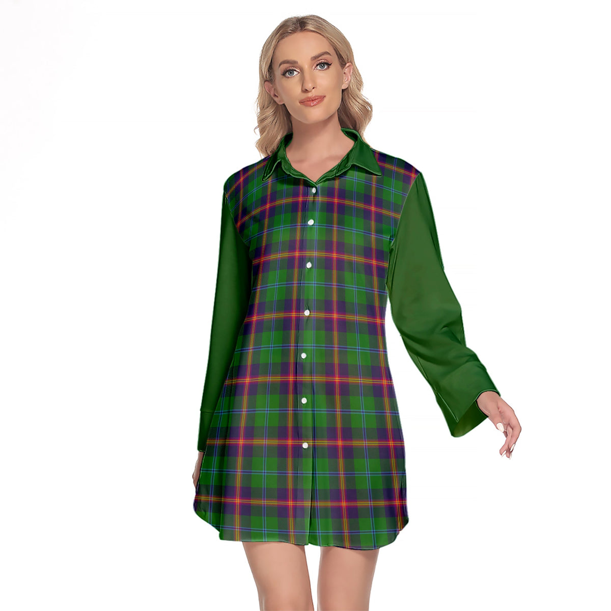 Young Modern Tartan Women's Lapel Shirt Dress With Long Sleeve